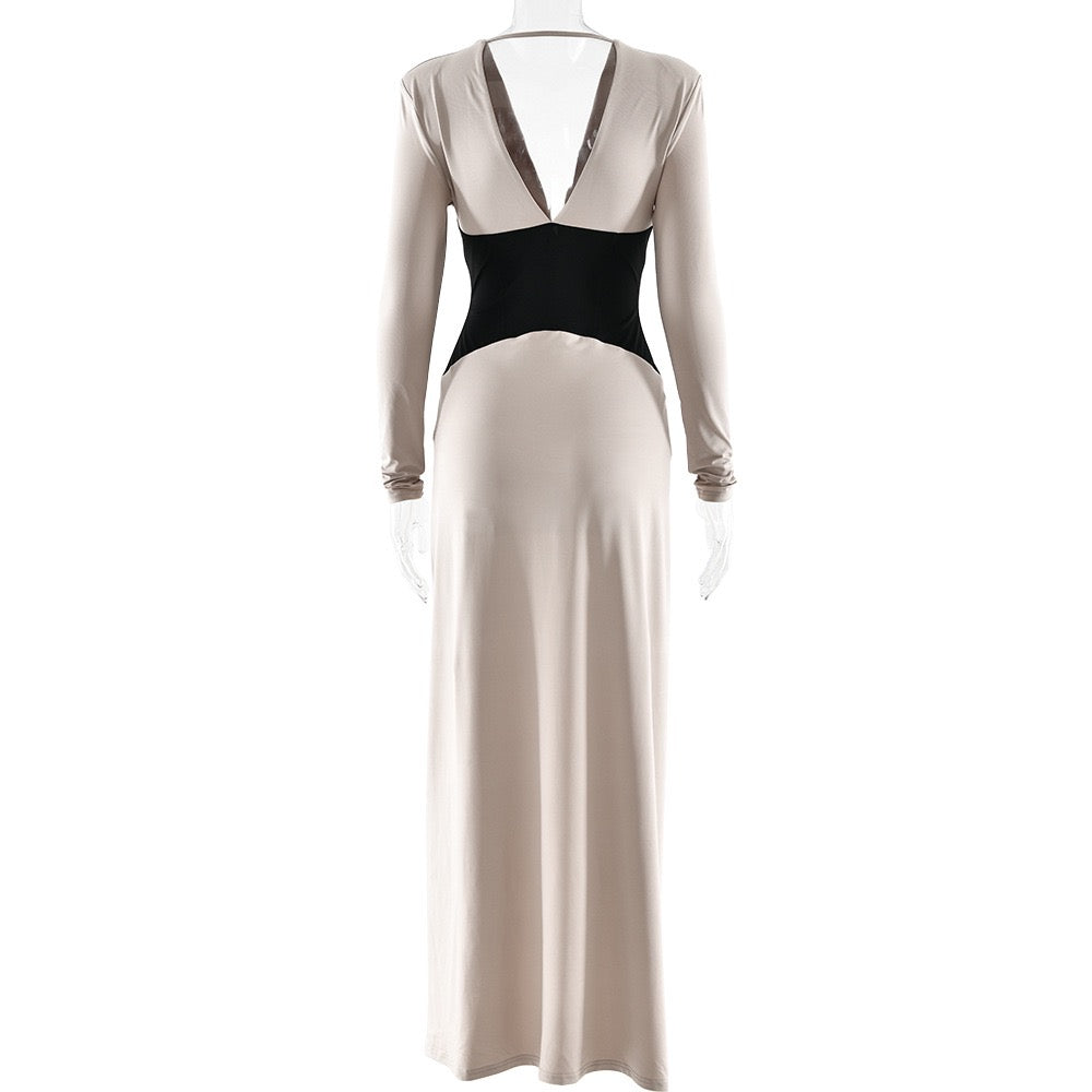 Corset Maxi Dress with Slit and Pleats, V-Neck, Open Back - TANIR