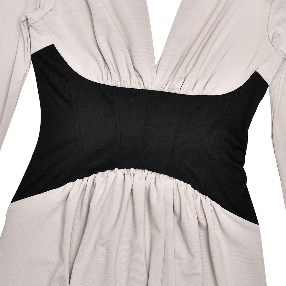 Corset Maxi Dress with Slit and Pleats, V-Neck, Open Back - TANIR