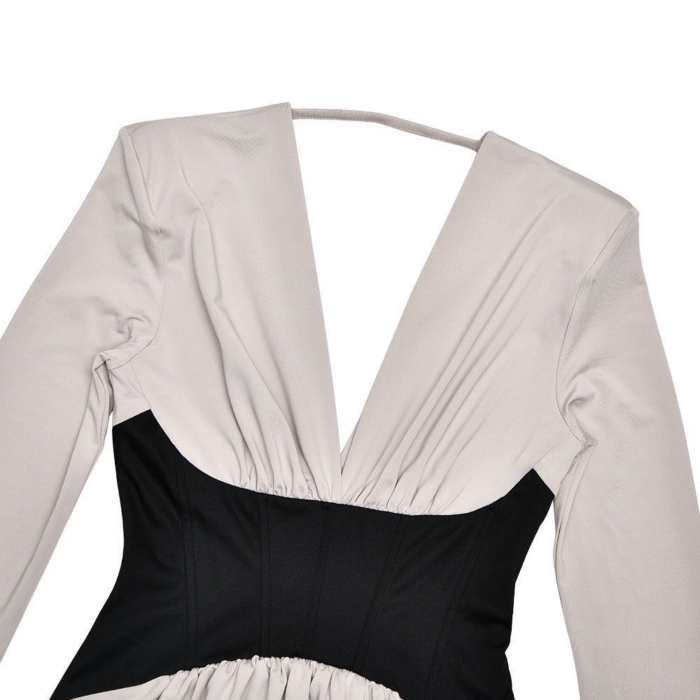 Corset Maxi Dress with Slit and Pleats, V-Neck, Open Back - TANIR