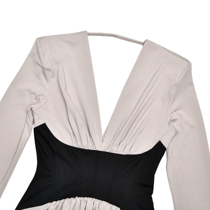 Corset Maxi Dress with Slit and Pleats, V-Neck, Open Back - TANIR