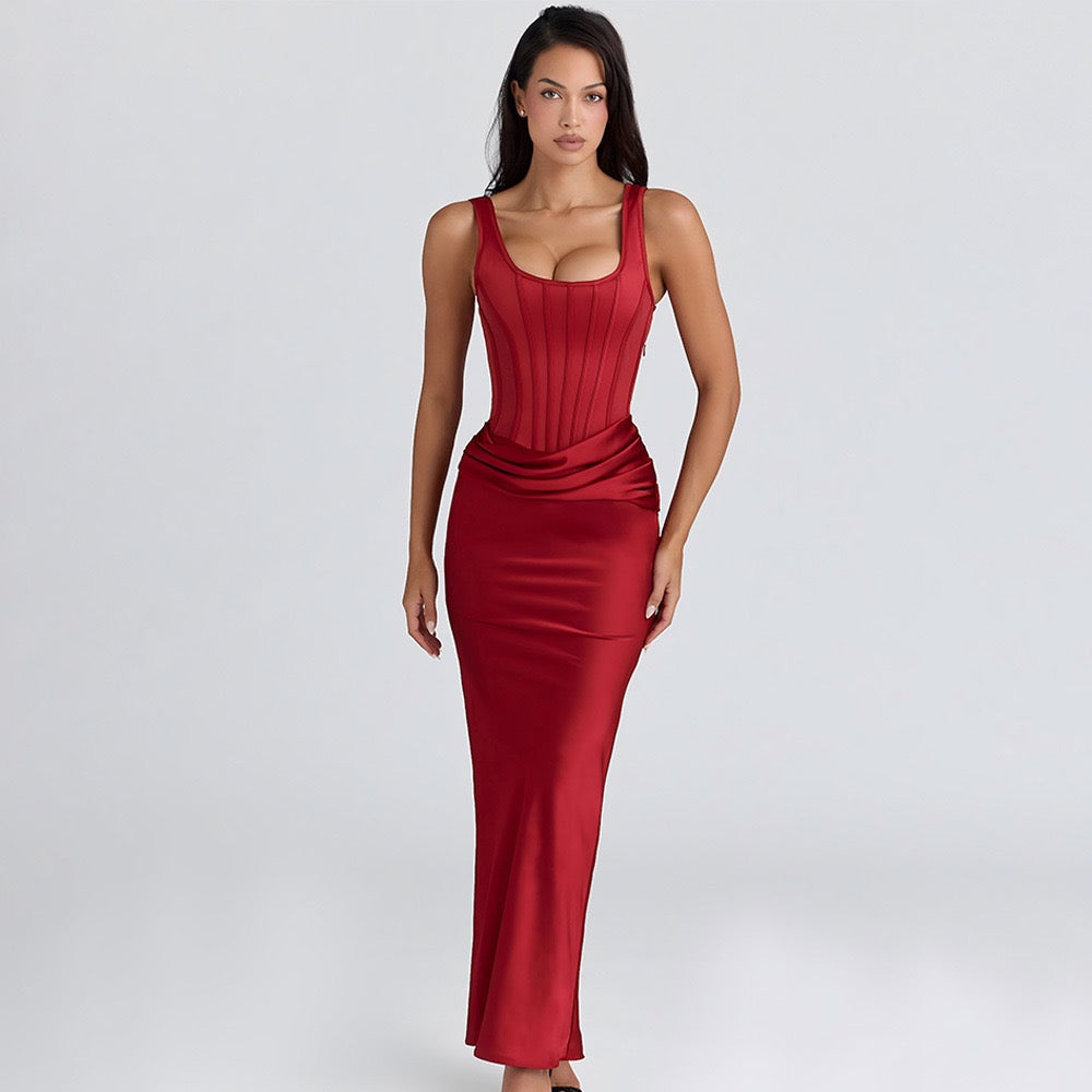 Maxi Dress with Satin Pleats and Corset Design - Tamara