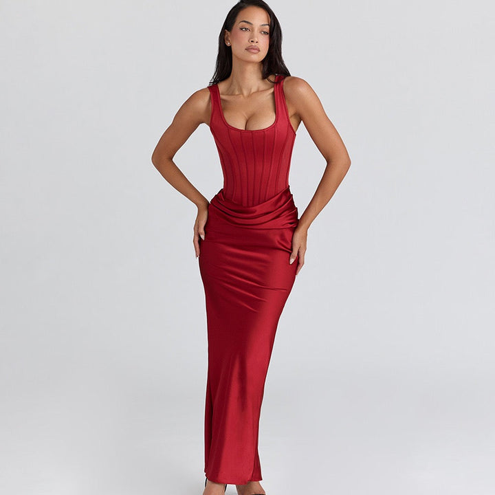Maxi Dress with Satin Pleats and Corset Design - Tamara