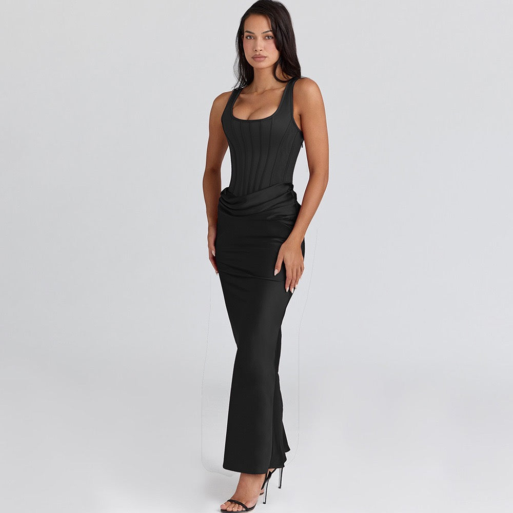 Maxi Dress with Satin Pleats and Corset Design - Tamara