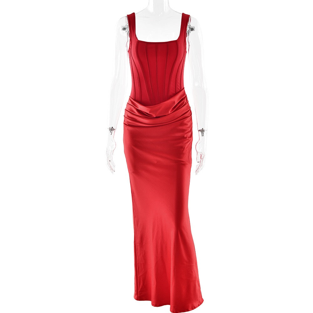 Maxi Dress with Satin Pleats and Corset Design - Tamara