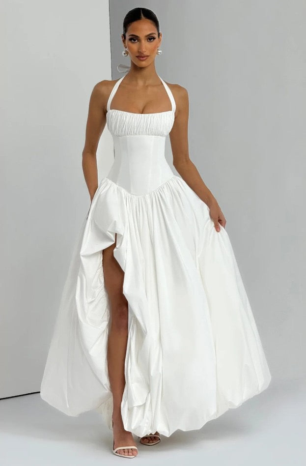 Balloon Maxi Dress with Slit and Back Tie Design - Bianca