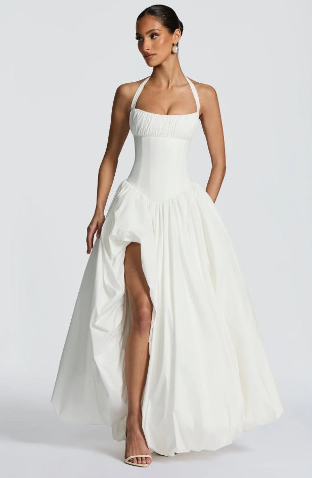 Balloon Maxi Dress with Slit and Back Tie Design - Bianca