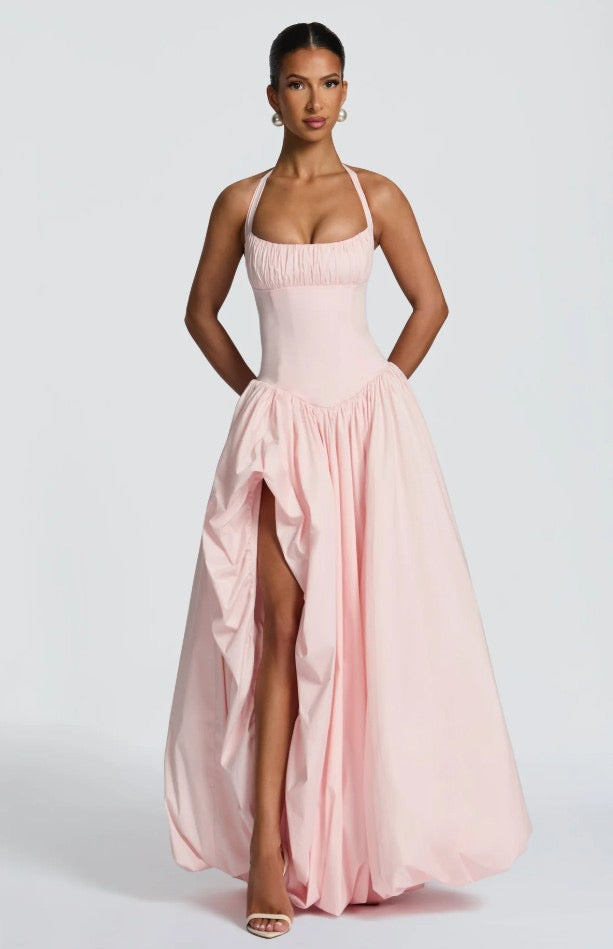 Balloon Maxi Dress with Slit and Back Tie Design - Bianca