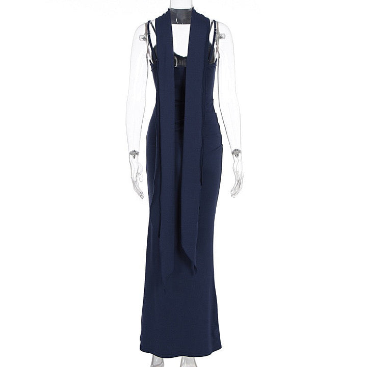 Shiny Shaping Maxi Dress with Matching Scarf Decoration - Cassie
