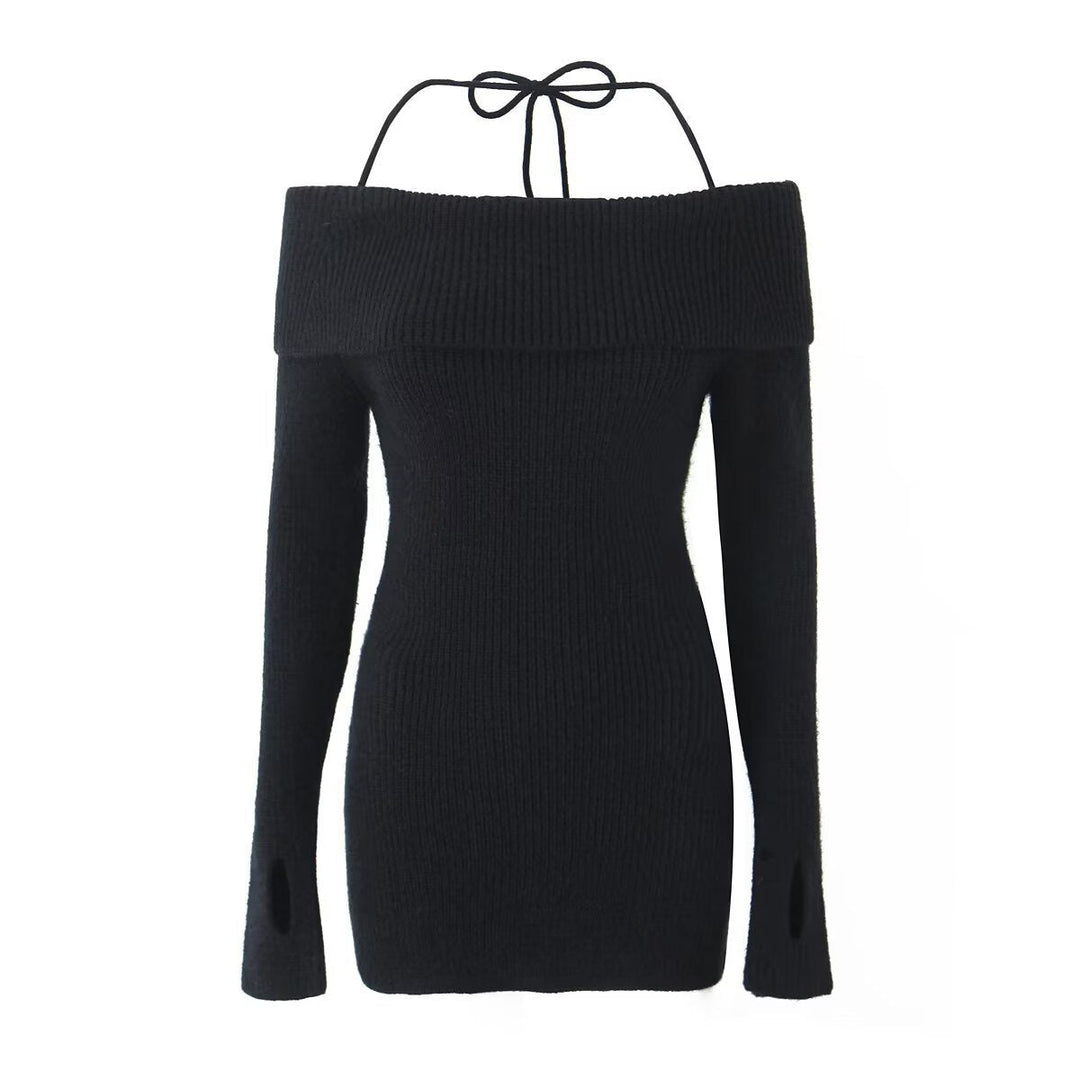 Fitted Knitted Mini Dress with Bare Shoulders - MEL
