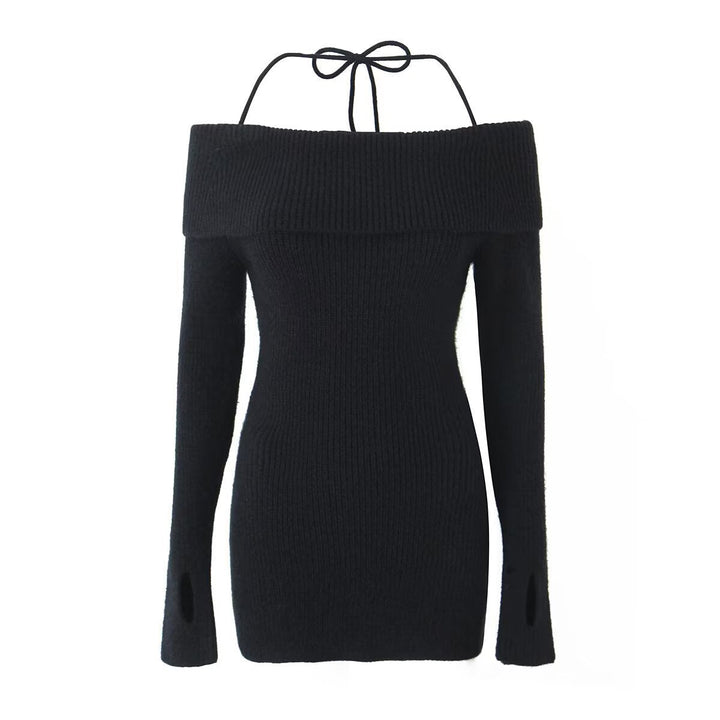 Fitted Knitted Mini Dress with Bare Shoulders - MEL