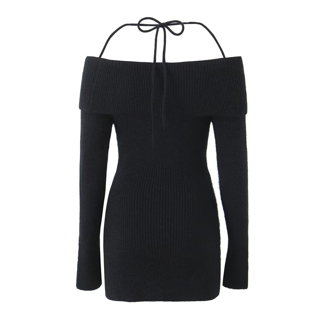 Fitted Knitted Mini Dress with Bare Shoulders - MEL