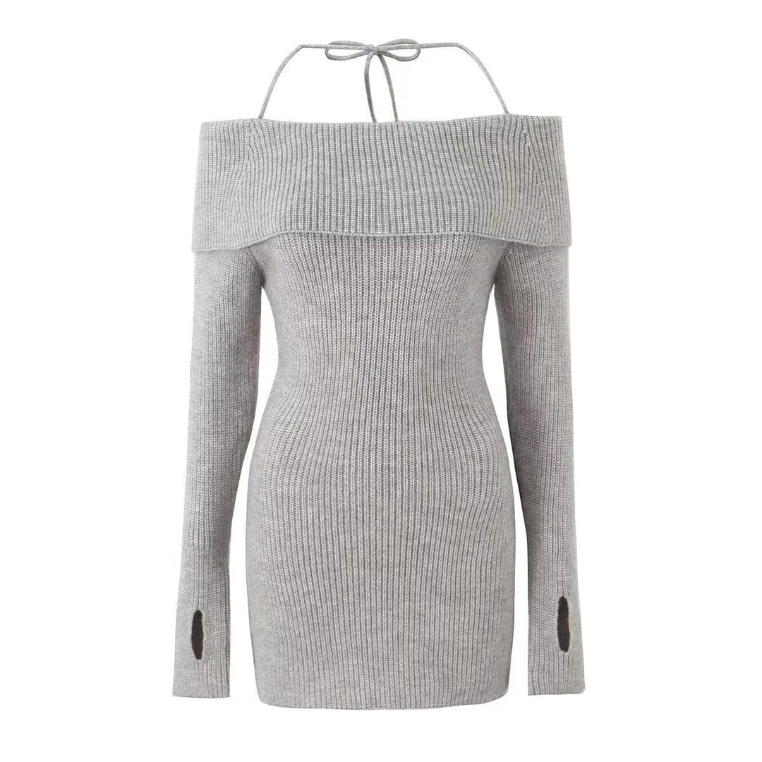 Fitted Knitted Mini Dress with Bare Shoulders - MEL