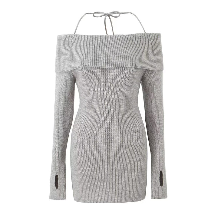 Fitted Knitted Mini Dress with Bare Shoulders - MEL