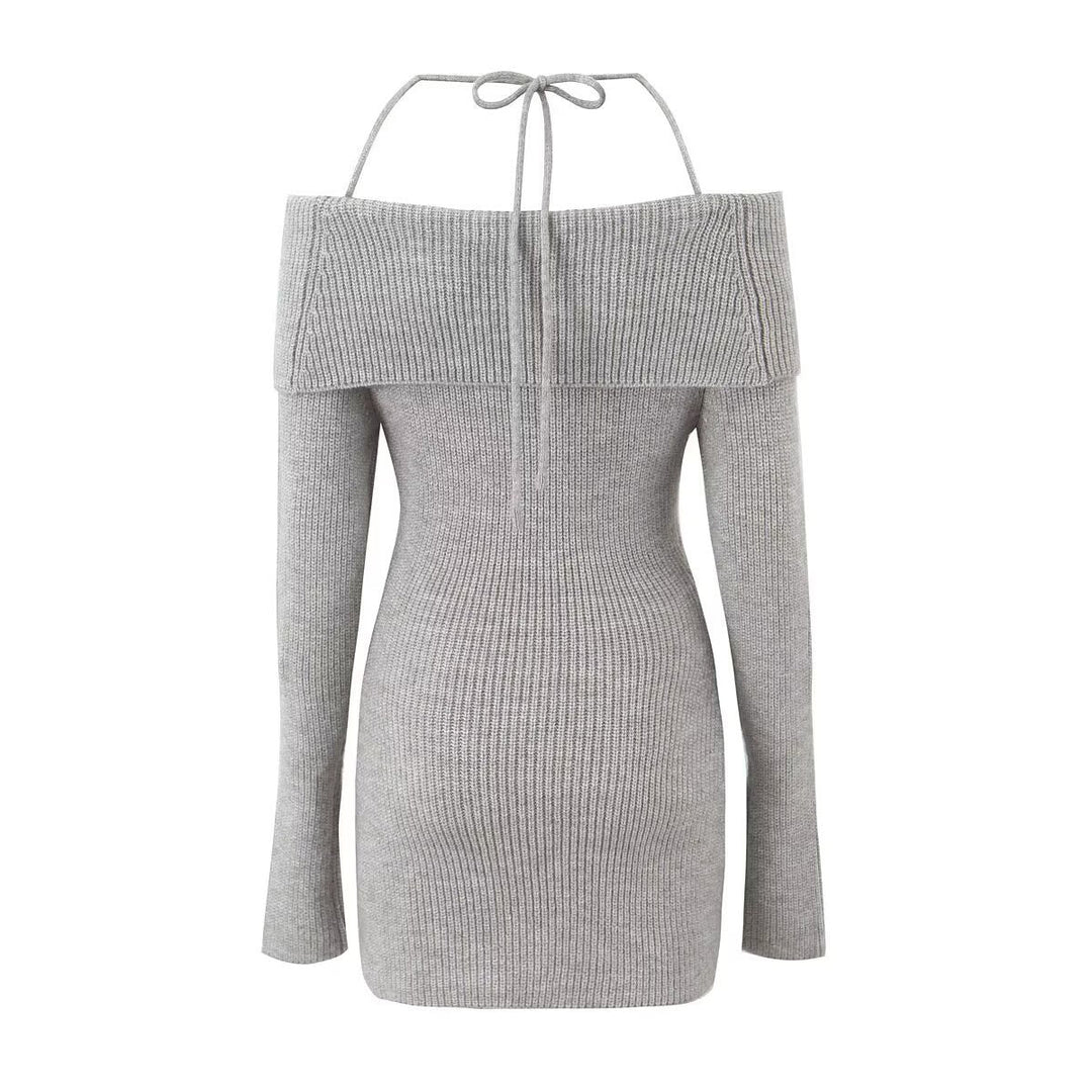 Fitted Knitted Mini Dress with Bare Shoulders - MEL