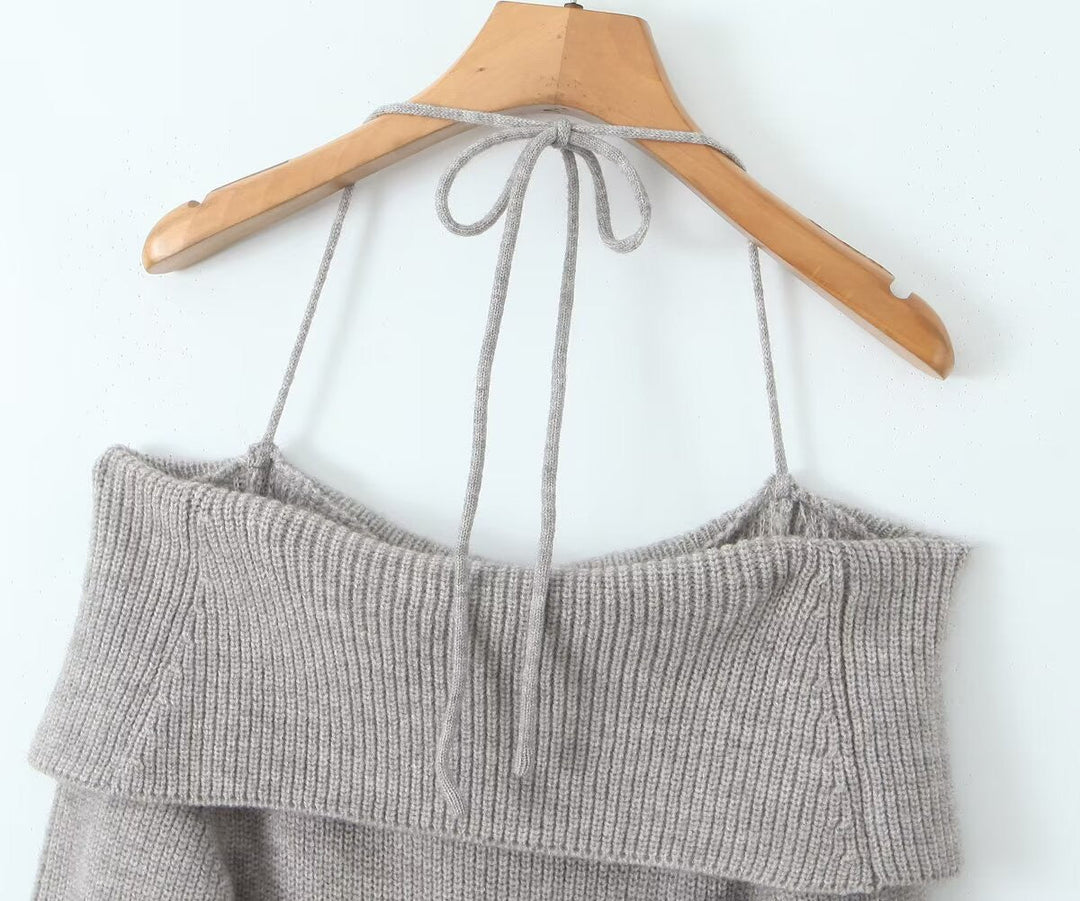 Fitted Knitted Mini Dress with Bare Shoulders - MEL