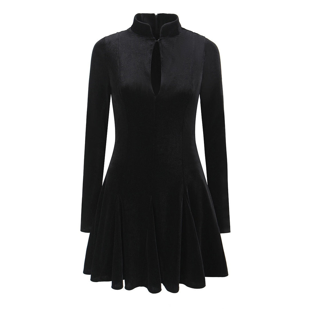 Velvet Mini Dress with A-Line Cut and Button Closure at Neck - Sahar