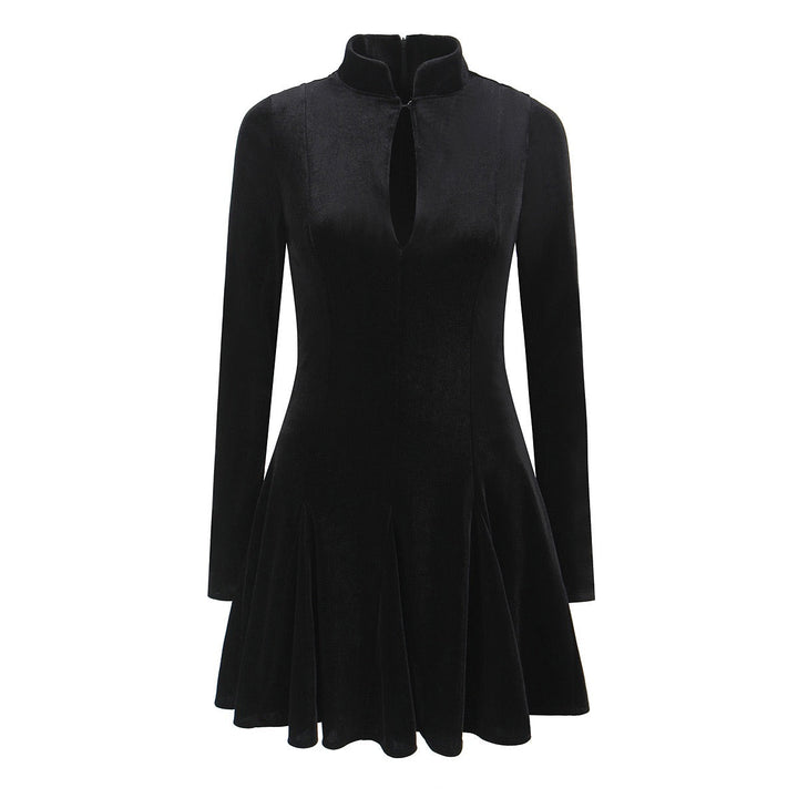 Velvet Mini Dress with A-Line Cut and Button Closure at Neck - Sahar