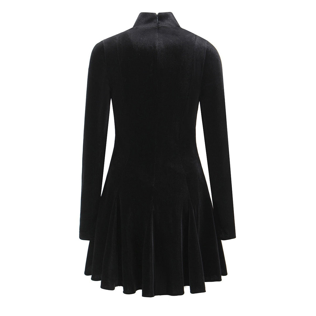 Velvet Mini Dress with A-Line Cut and Button Closure at Neck - Sahar