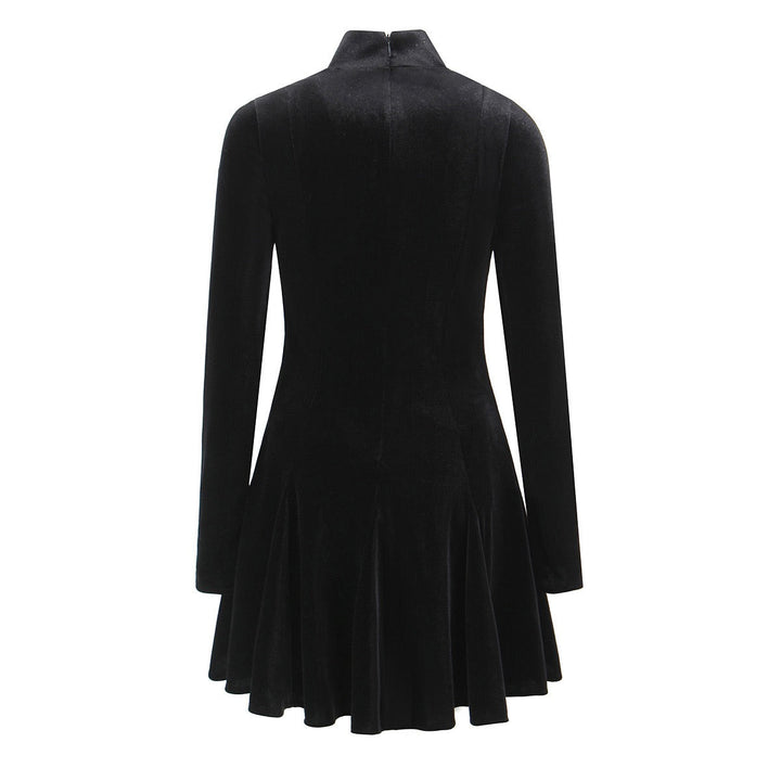 Velvet Mini Dress with A-Line Cut and Button Closure at Neck - Sahar