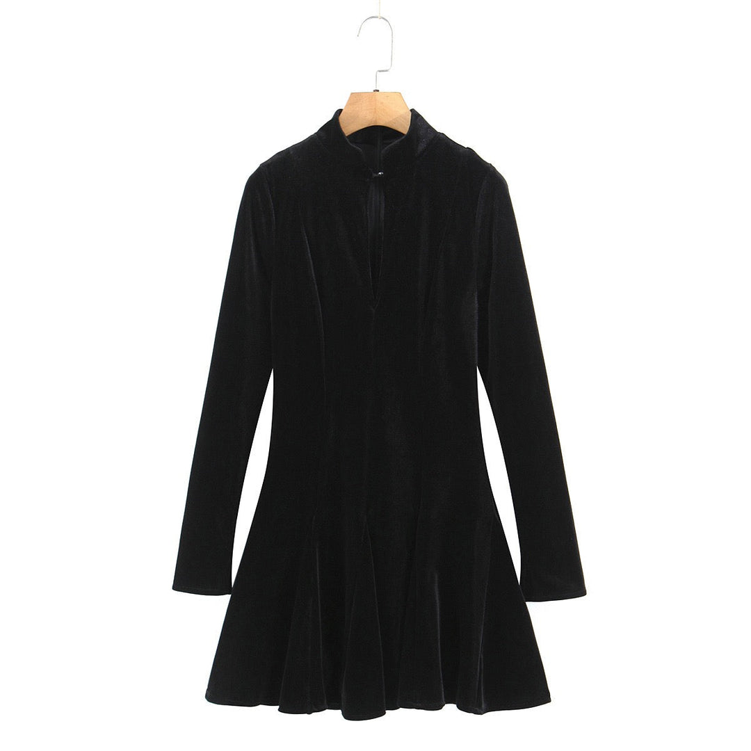 Velvet Mini Dress with A-Line Cut and Button Closure at Neck - Sahar