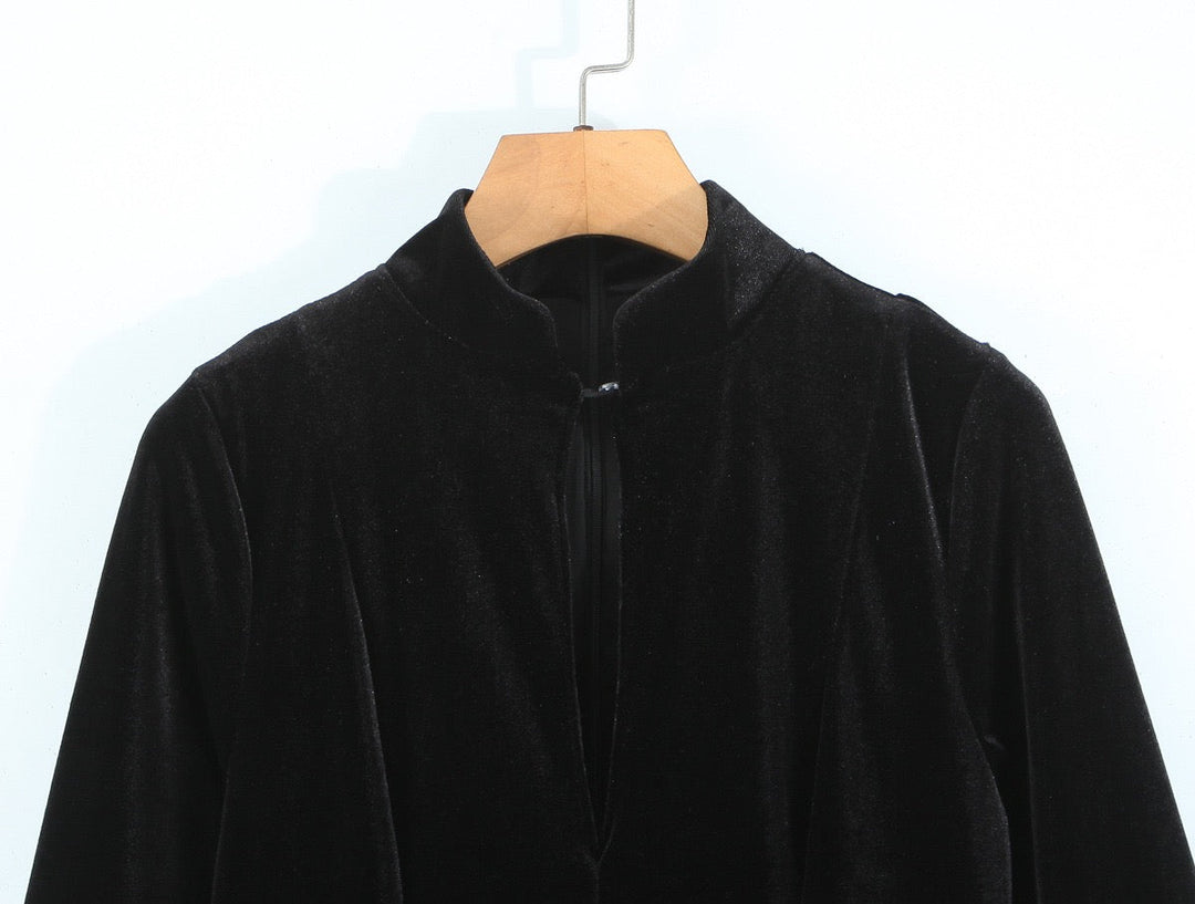 Velvet Mini Dress with A-Line Cut and Button Closure at Neck - Sahar