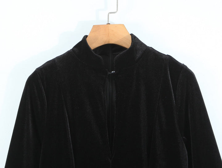Velvet Mini Dress with A-Line Cut and Button Closure at Neck - Sahar
