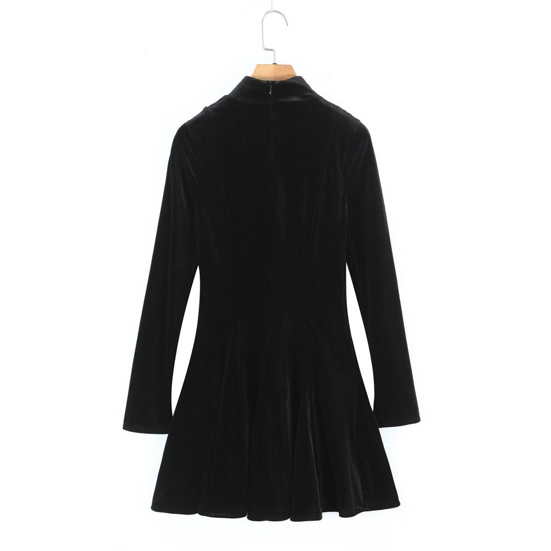 Velvet Mini Dress with A-Line Cut and Button Closure at Neck - Sahar