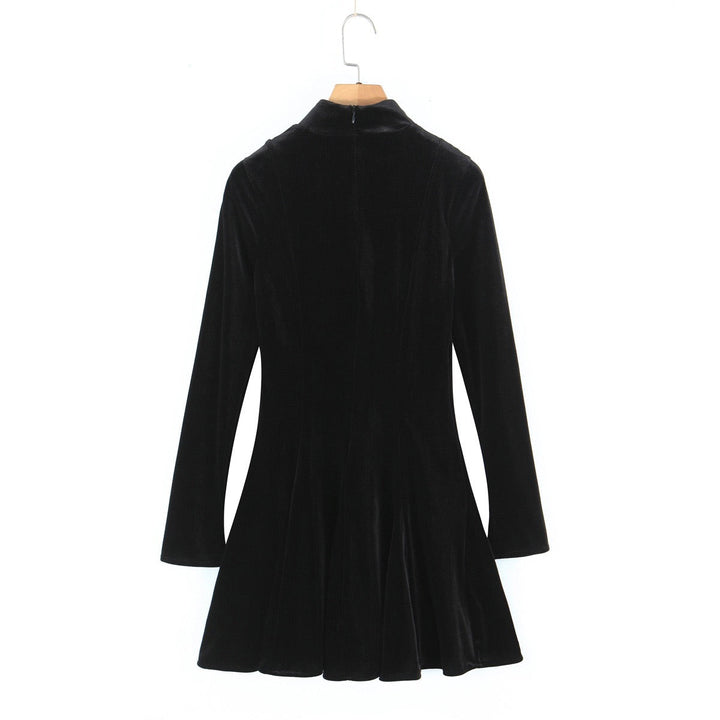 Velvet Mini Dress with A-Line Cut and Button Closure at Neck - Sahar