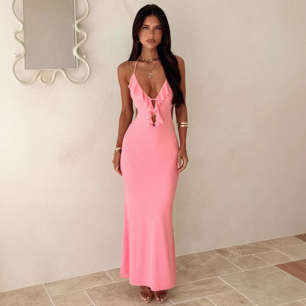 Maxi dress with ruffle decoration and open back ties - Viola