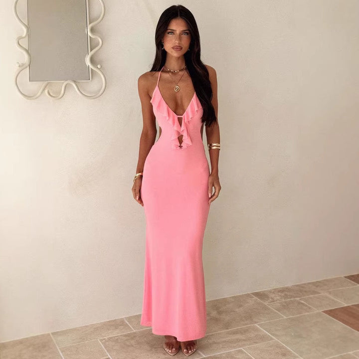 Maxi dress with ruffle decoration and open back ties - Viola