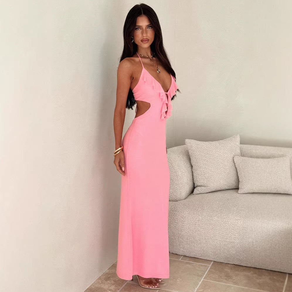 Maxi dress with ruffle decoration and open back ties - Viola