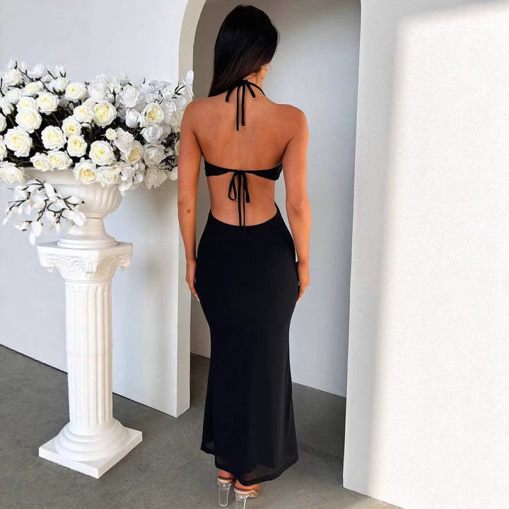 Maxi dress with ruffle decoration and open back ties - Viola