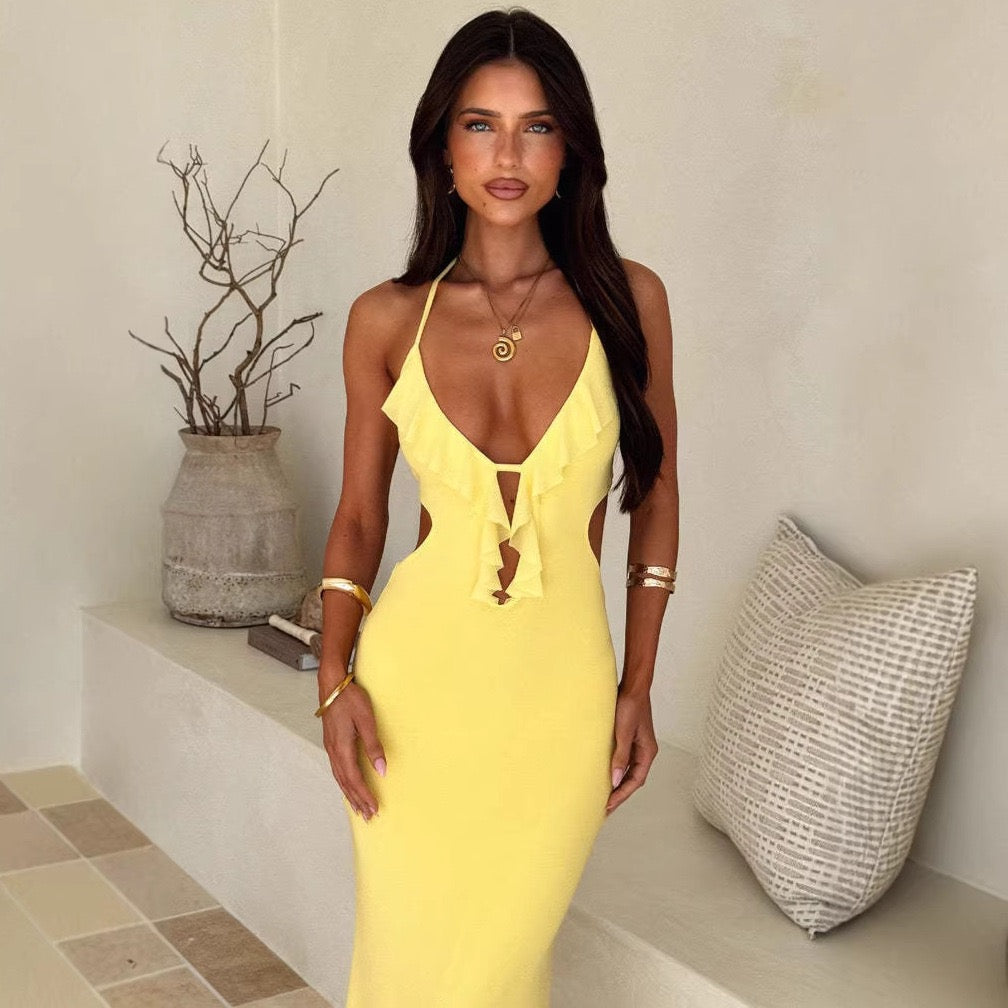 Maxi dress with ruffle decoration and open back ties - Viola
