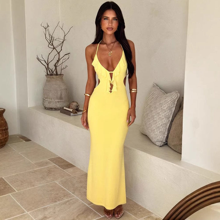 Maxi dress with ruffle decoration and open back ties - Viola