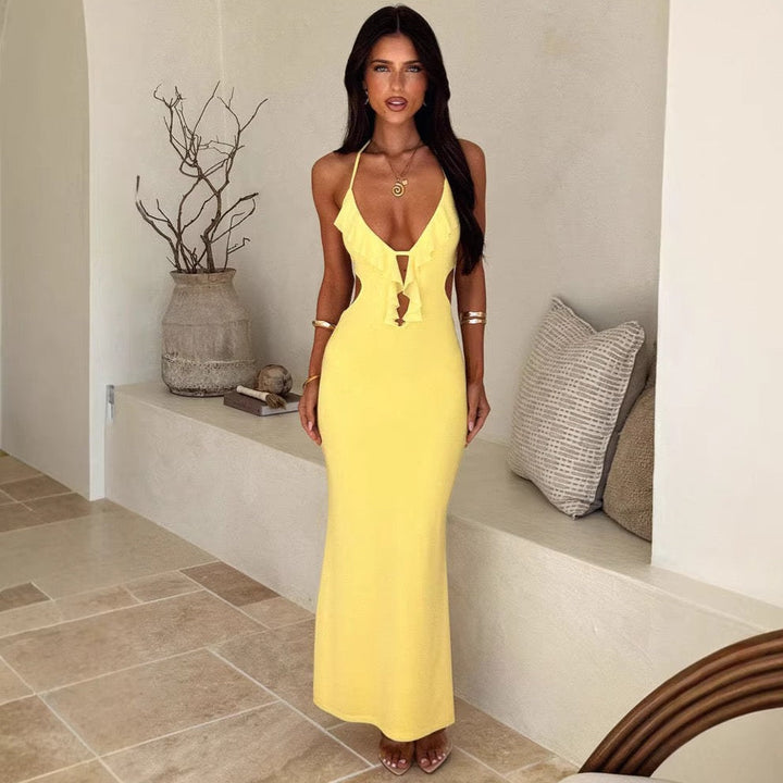 Maxi dress with ruffle decoration and open back ties - Viola