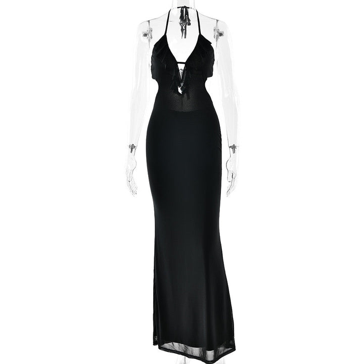 Maxi dress with ruffle decoration and open back ties - Viola