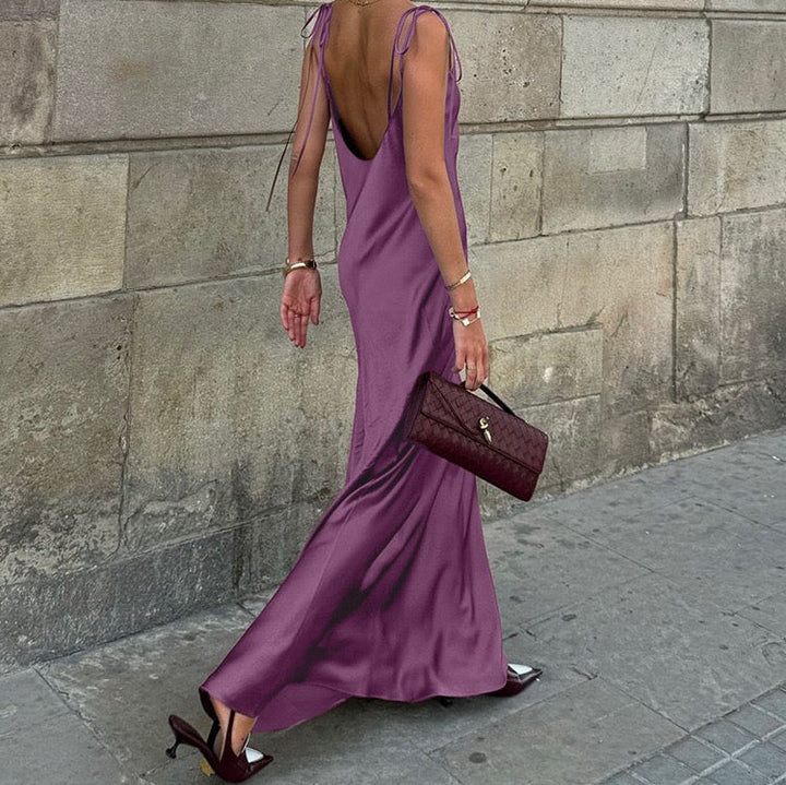 Satin maxi dress with tie straps – Lia