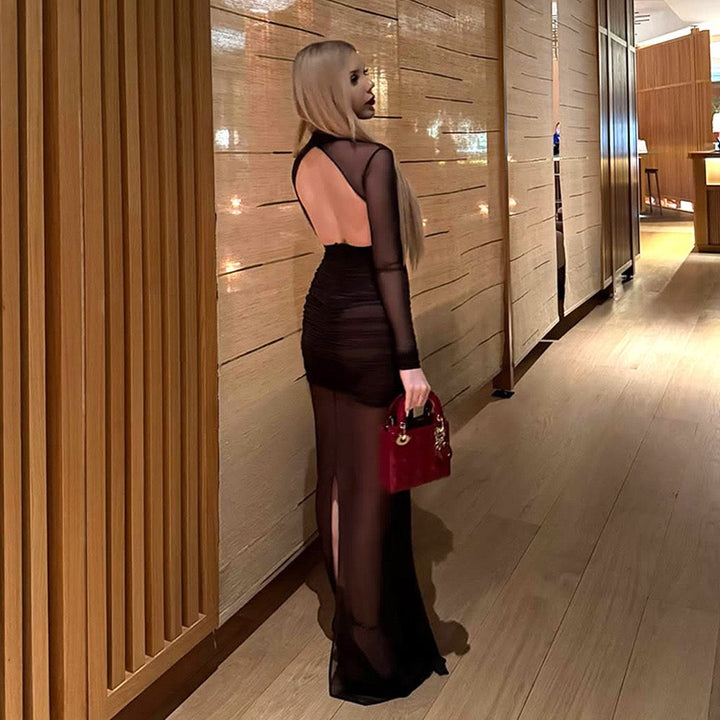 Maxi dress with mesh and gathers design - SARIELA