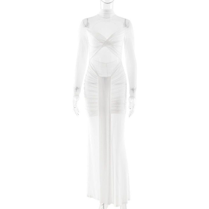 Maxi dress with mesh and gathers design - SARIELA