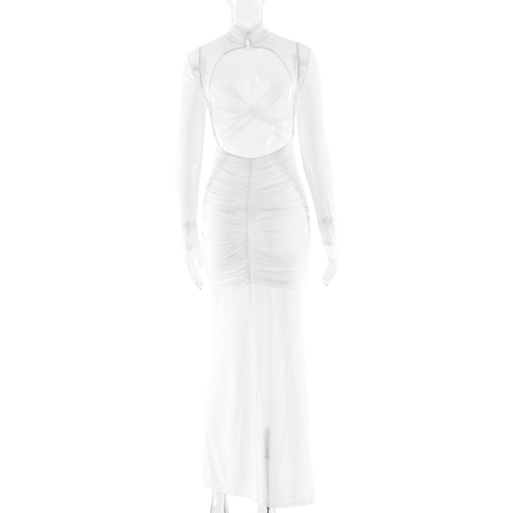 Maxi dress with mesh and gathers design - SARIELA