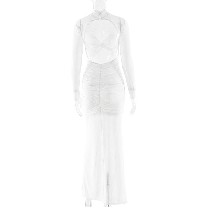 Maxi dress with mesh and gathers design - SARIELA