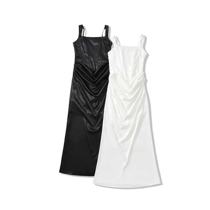Maxi dress with satin pleats and corset tie at the back for waist fitting - Loiana