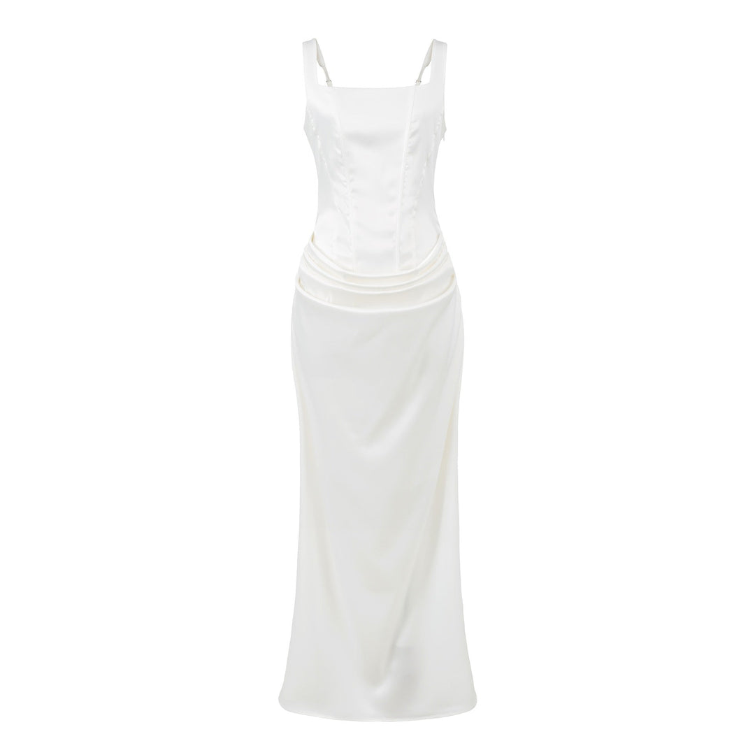Maxi dress with satin pleats and corset tie at the back for waist fitting - Loiana