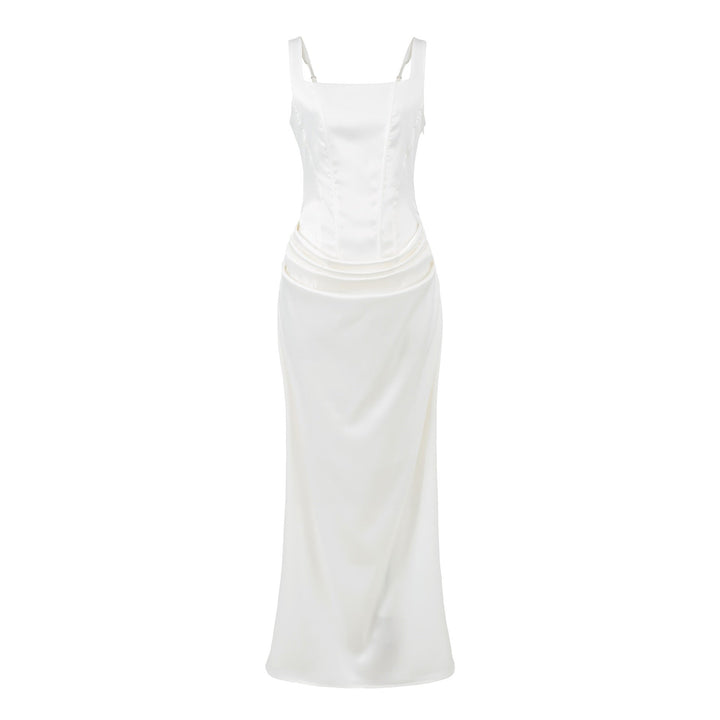Maxi dress with satin pleats and corset tie at the back for waist fitting - Loiana