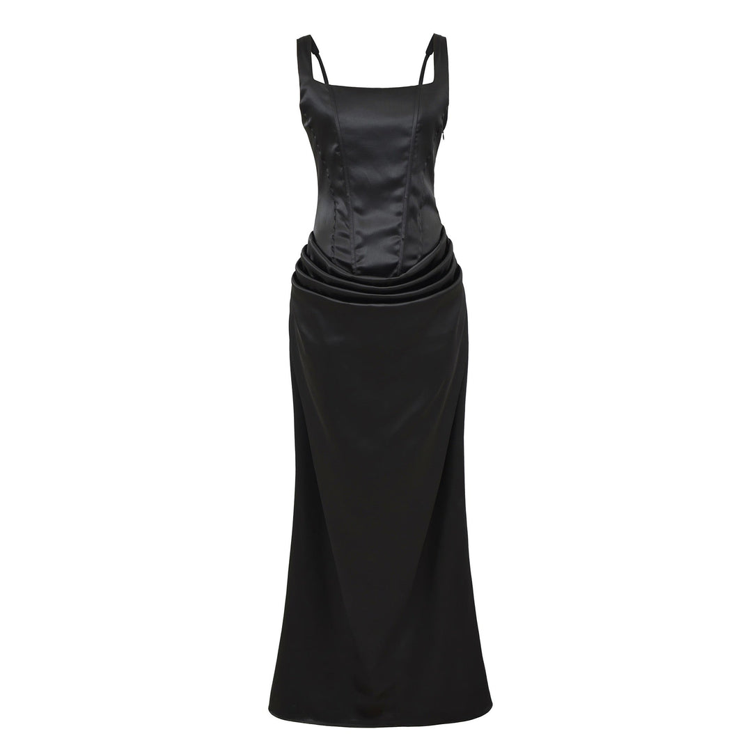 Maxi dress with satin pleats and corset tie at the back for waist fitting - Loiana