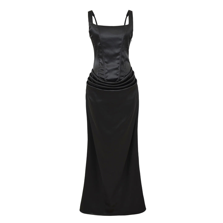 Maxi dress with satin pleats and corset tie at the back for waist fitting - Loiana
