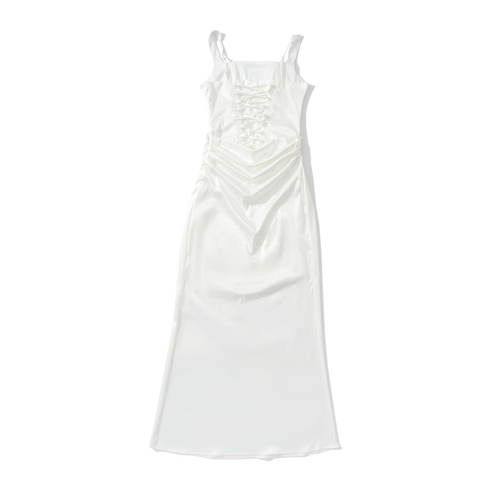 Maxi dress with satin pleats and corset tie at the back for waist fitting - Loiana