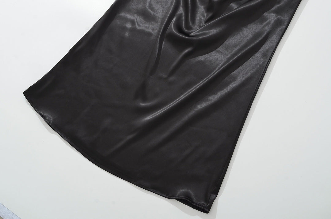 Maxi dress with satin pleats and corset tie at the back for waist fitting - Loiana