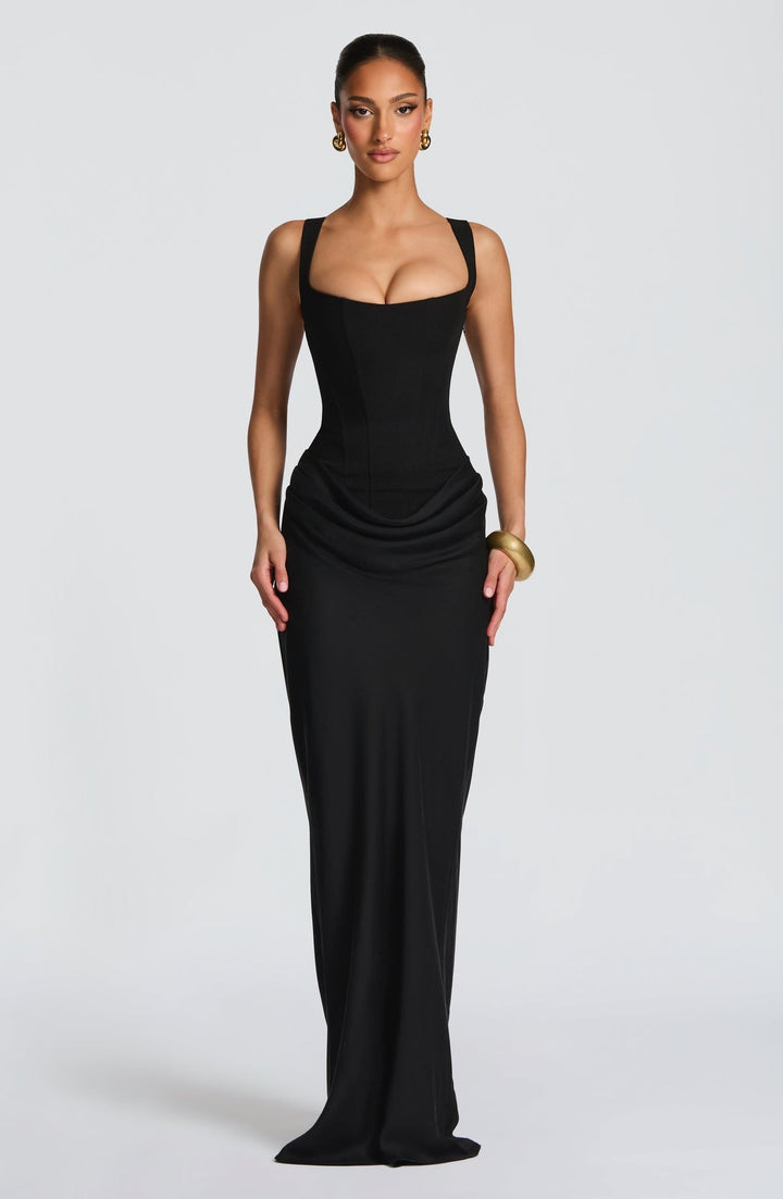 Maxi dress with satin pleats and corset tie at the back for waist fitting - Loiana