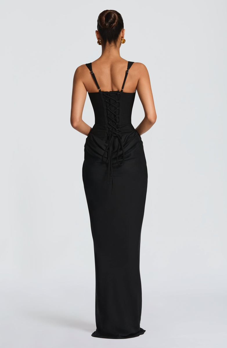 Maxi dress with satin pleats and corset tie at the back for waist fitting - Loiana